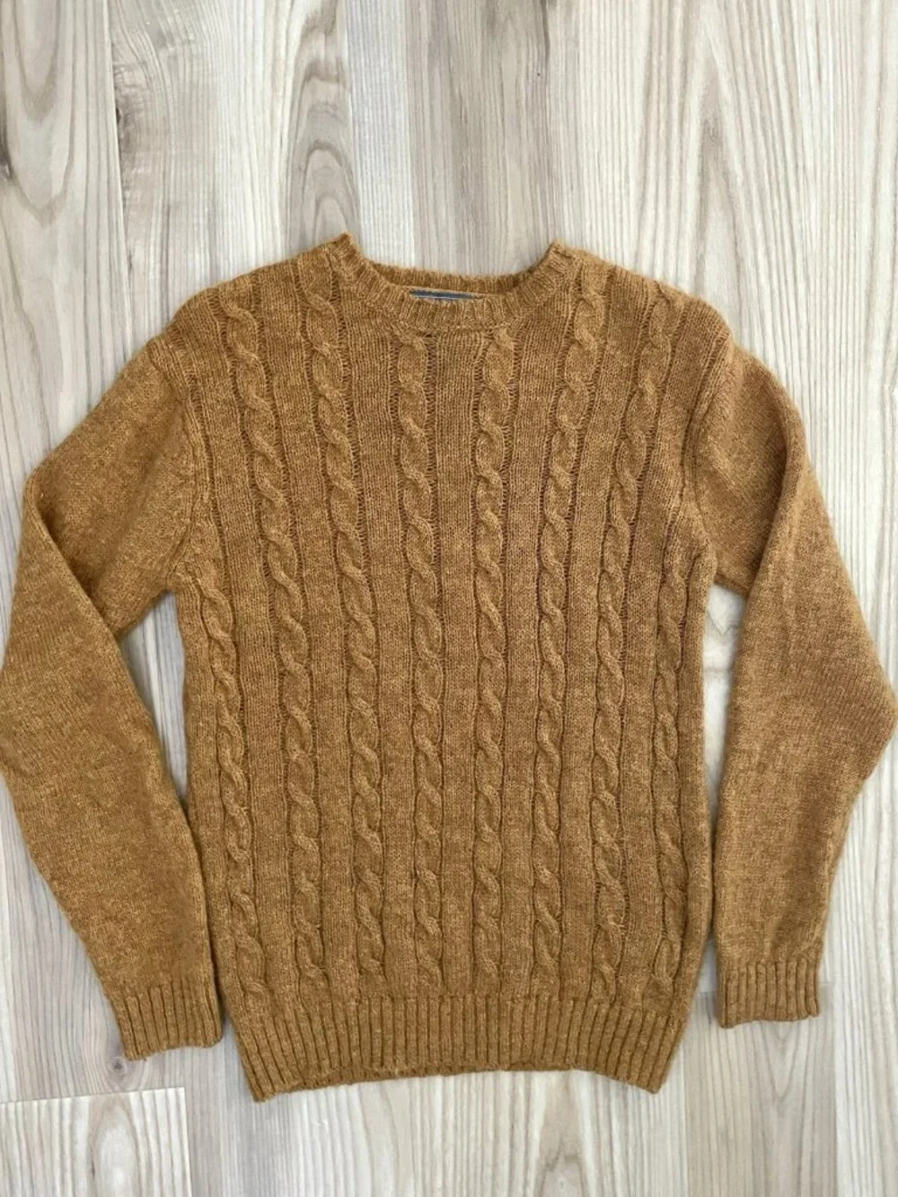 Line Of Trade 100% Shetland Wool Cable-Knit Pullover Sweater Golden Brown Small